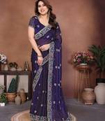 Purple color fandy chiffon  silk embroidery work saree with work blouse piece