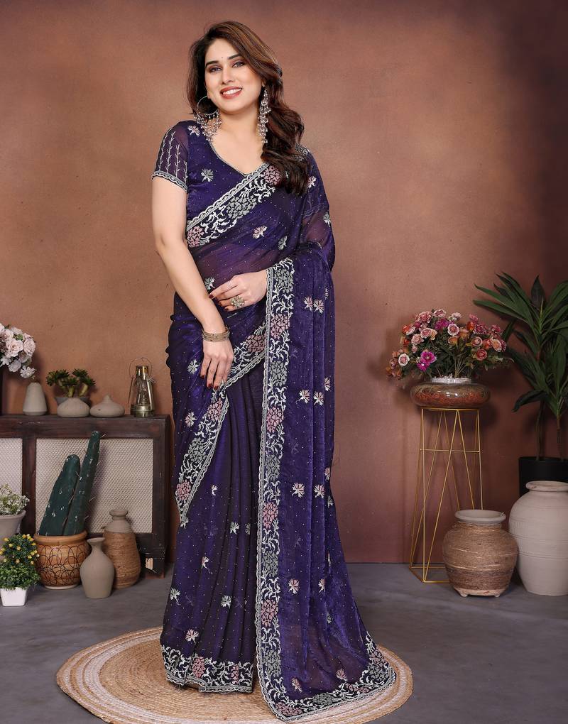 Purple color fandy chiffon  silk embroidery work saree with work blouse piece