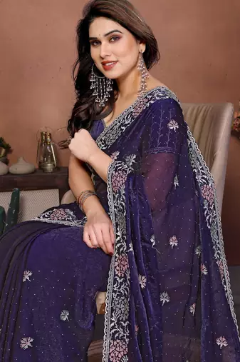 Purple color fandy chiffon  silk embroidery work saree with work blouse piece