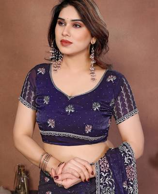 Purple color fandy chiffon  silk embroidery work saree with work blouse piece 5