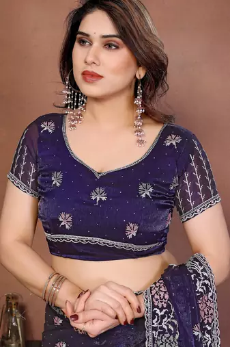 Purple color fandy chiffon  silk embroidery work saree with work blouse piece
