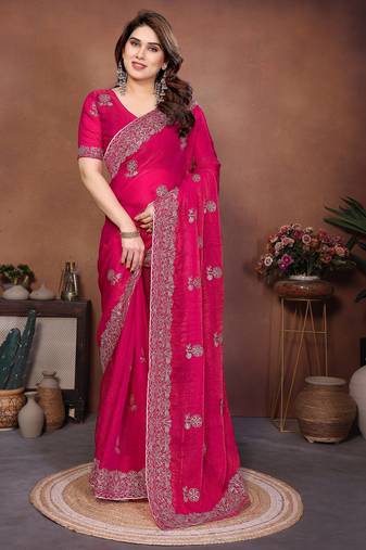 Pink  color fandy chiffon  silk embroidery work saree with work blouse piece