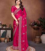 Pink  color fandy chiffon  silk embroidery work saree with work blouse piece
