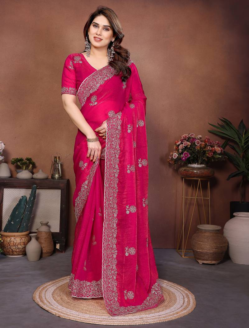 Pink  color fandy chiffon  silk embroidery work saree with work blouse piece