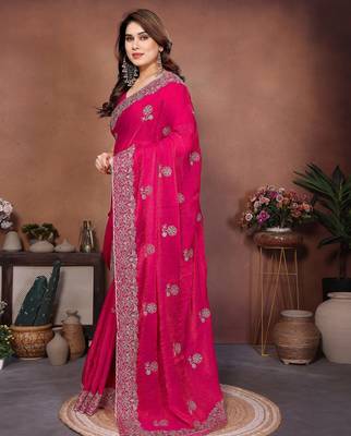 Pink  color fandy chiffon  silk embroidery work saree with work blouse piece 2