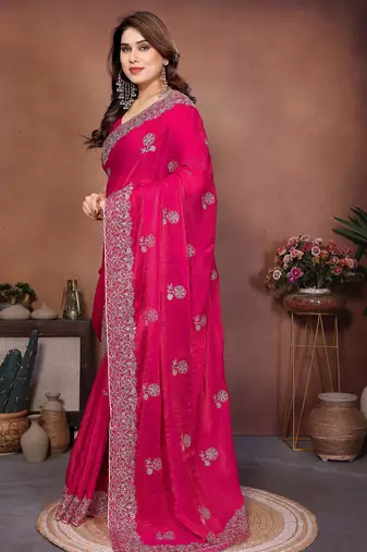Pink  color fandy chiffon  silk embroidery work saree with work blouse piece