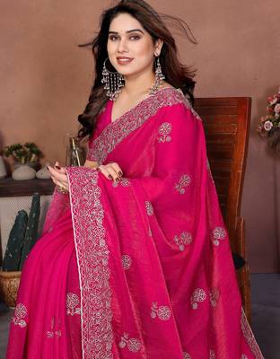 Pink  color fandy chiffon  silk embroidery work saree with work blouse piece 4