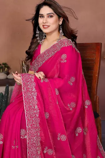 Pink  color fandy chiffon  silk embroidery work saree with work blouse piece