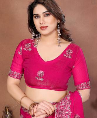 Pink  color fandy chiffon  silk embroidery work saree with work blouse piece 5