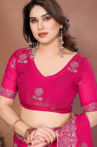 Pink  color fandy chiffon  silk embroidery work saree with work blouse piece