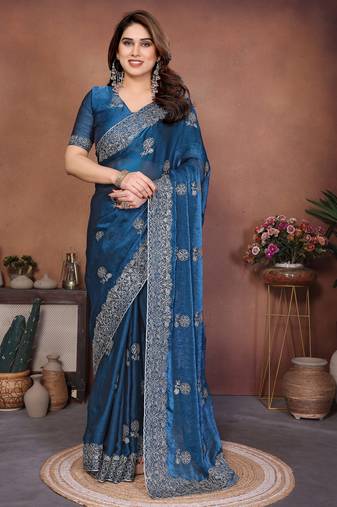 Teal color fandy chiffon  silk embroidery work saree with work blouse piece