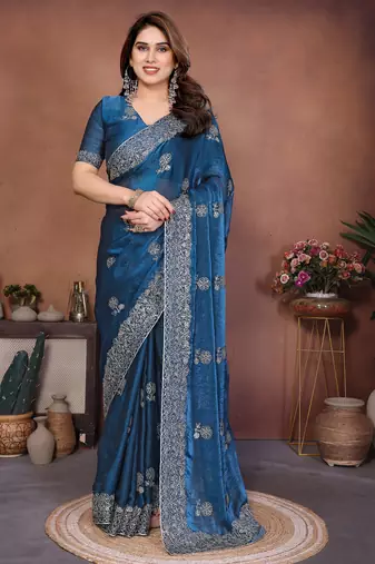 Teal color fandy chiffon  silk embroidery work saree with work blouse piece