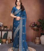 Teal color fandy chiffon  silk embroidery work saree with work blouse piece
