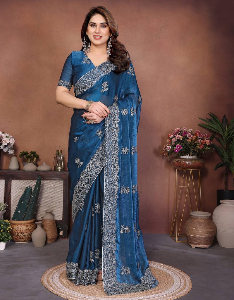 Teal color fandy chiffon  silk embroidery work saree with work blouse piece