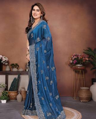 Teal color fandy chiffon  silk embroidery work saree with work blouse piece 2