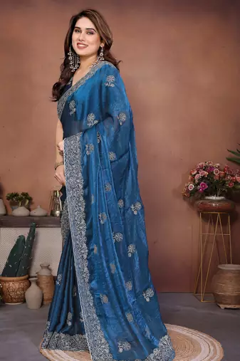 Teal color fandy chiffon  silk embroidery work saree with work blouse piece