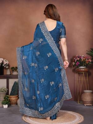 Teal color fandy chiffon  silk embroidery work saree with work blouse piece 3