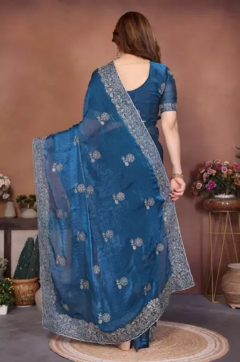 Teal color fandy chiffon  silk embroidery work saree with work blouse piece