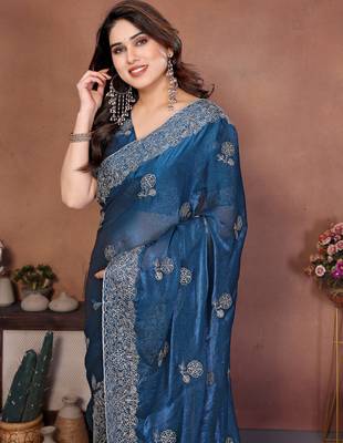Teal color fandy chiffon  silk embroidery work saree with work blouse piece 4