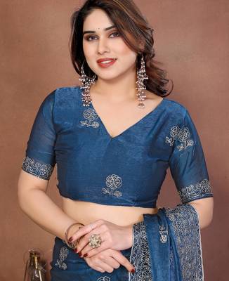 Teal color fandy chiffon  silk embroidery work saree with work blouse piece 5