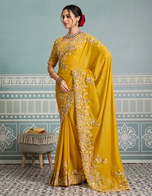 Yellow  color star georgette silk embroidery work saree with work blouse piece 2