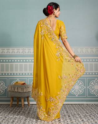 Yellow  color star georgette silk embroidery work saree with work blouse piece 3