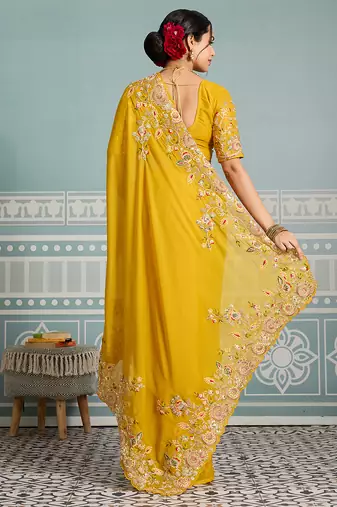Yellow  color star georgette silk embroidery work saree with work blouse piece
