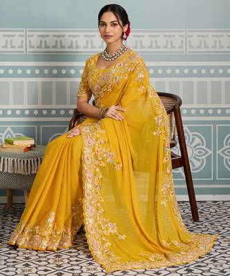 Yellow  color star georgette silk embroidery work saree with work blouse piece 4
