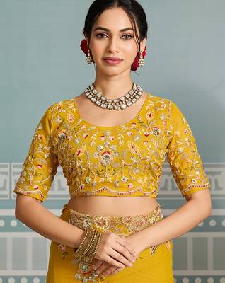 Yellow  color star georgette silk embroidery work saree with work blouse piece 5