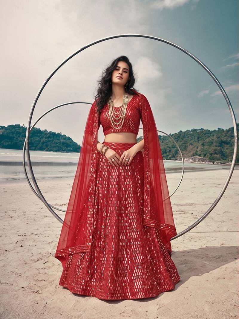 Red net lehenga with un-stitched blouse