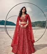 Red net lehenga with un-stitched blouse