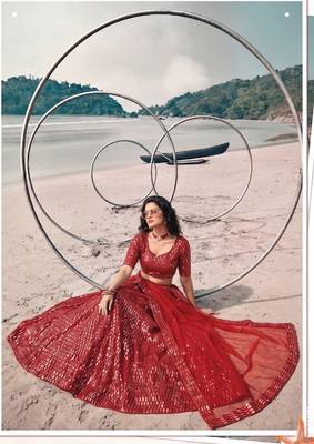 Red net lehenga with un-stitched blouse 3