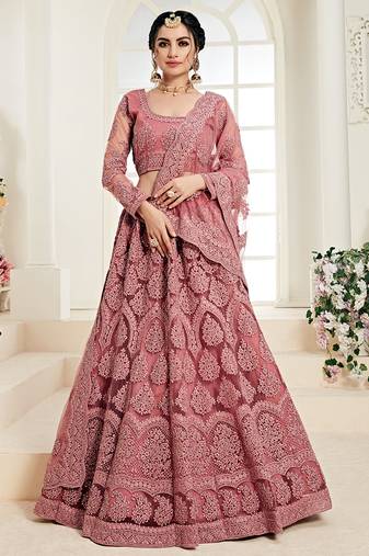 Dusty Pink indian wedding wear premium net lehenga choli set with Heavy silk inner for women's