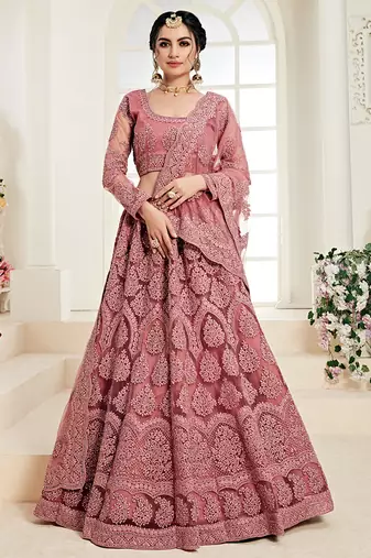 Dusty Pink indian wedding wear premium net lehenga choli set with Heavy silk inner for women's