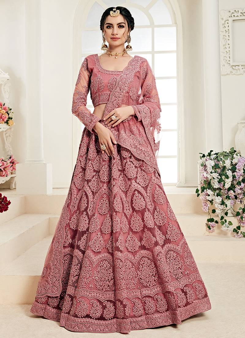 Dusty Pink indian wedding wear premium net lehenga choli set with Heavy silk inner for women's