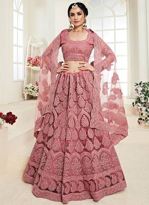Dusty Pink indian wedding wear premium net lehenga choli set with Heavy silk inner for women's 2