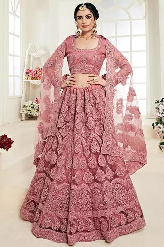 Dusty Pink indian wedding wear premium net lehenga choli set with Heavy silk inner for women's