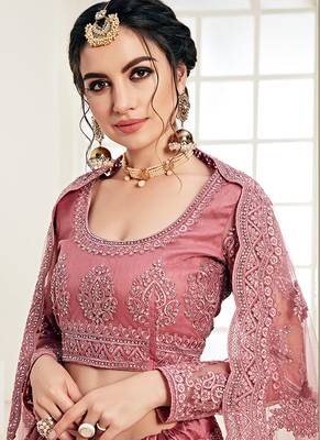 Dusty Pink indian wedding wear premium net lehenga choli set with Heavy silk inner for women's 3