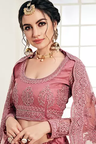 Dusty Pink indian wedding wear premium net lehenga choli set with Heavy silk inner for women's
