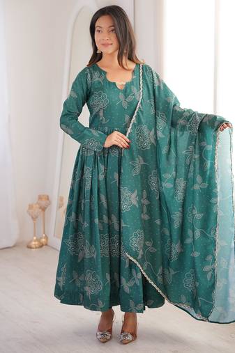   teal floral print cotton anarkali suit for women