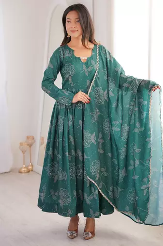 New trendy stylish elegant teal floral print cotton anarkali suit for women