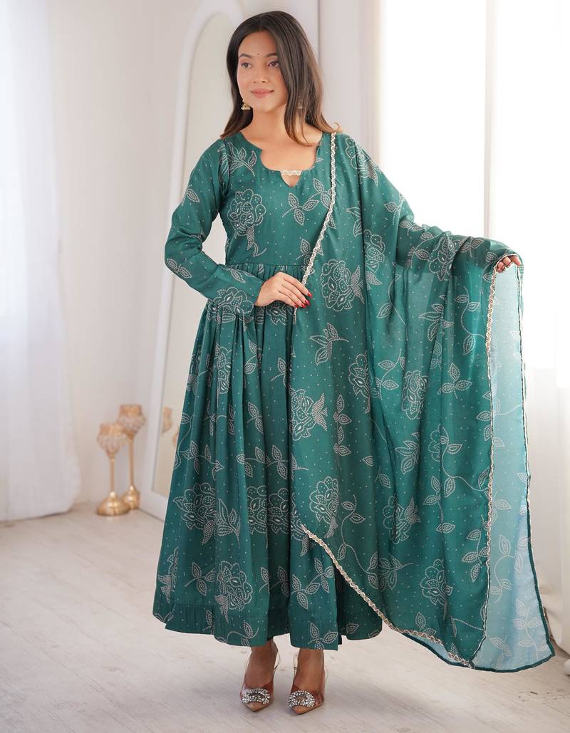 New trendy stylish elegant teal floral print cotton anarkali suit for women