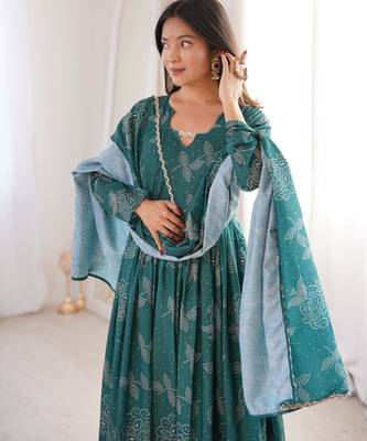   teal floral print cotton anarkali suit for women 2