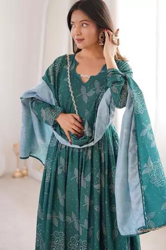 New trendy stylish elegant teal floral print cotton anarkali suit for women