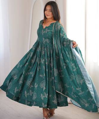   teal floral print cotton anarkali suit for women 3
