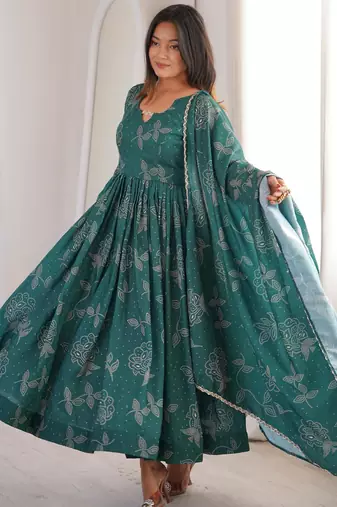New trendy stylish elegant teal floral print cotton anarkali suit for women