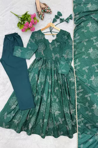 New trendy stylish elegant teal floral print cotton anarkali suit for women