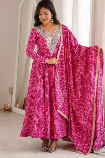 New trendy traditional pink bandhani anarkali set with embellished v-neck