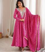 New trendy traditional pink bandhani anarkali set with embellished v-neck