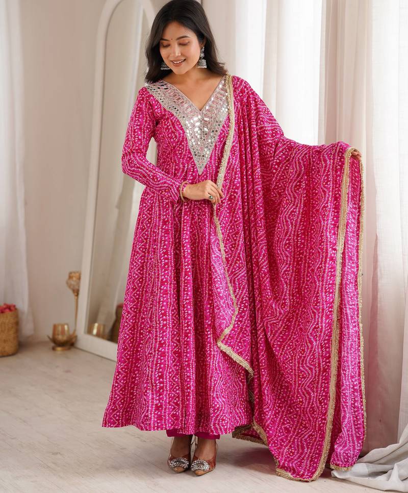 New trendy traditional pink bandhani anarkali set with embellished v-neck